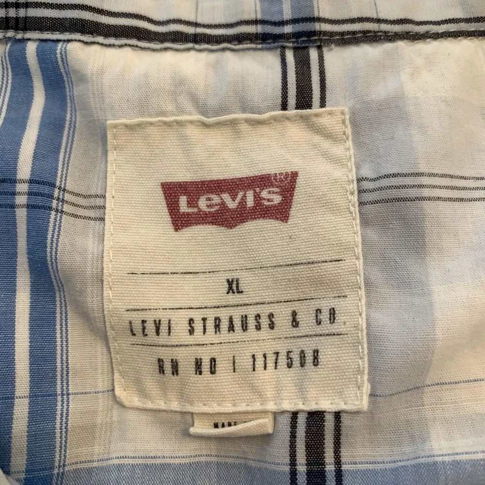 Levi's Western Shirt‎ Mens XL White Blue Plaid Short Sleeve Button Front Vintage